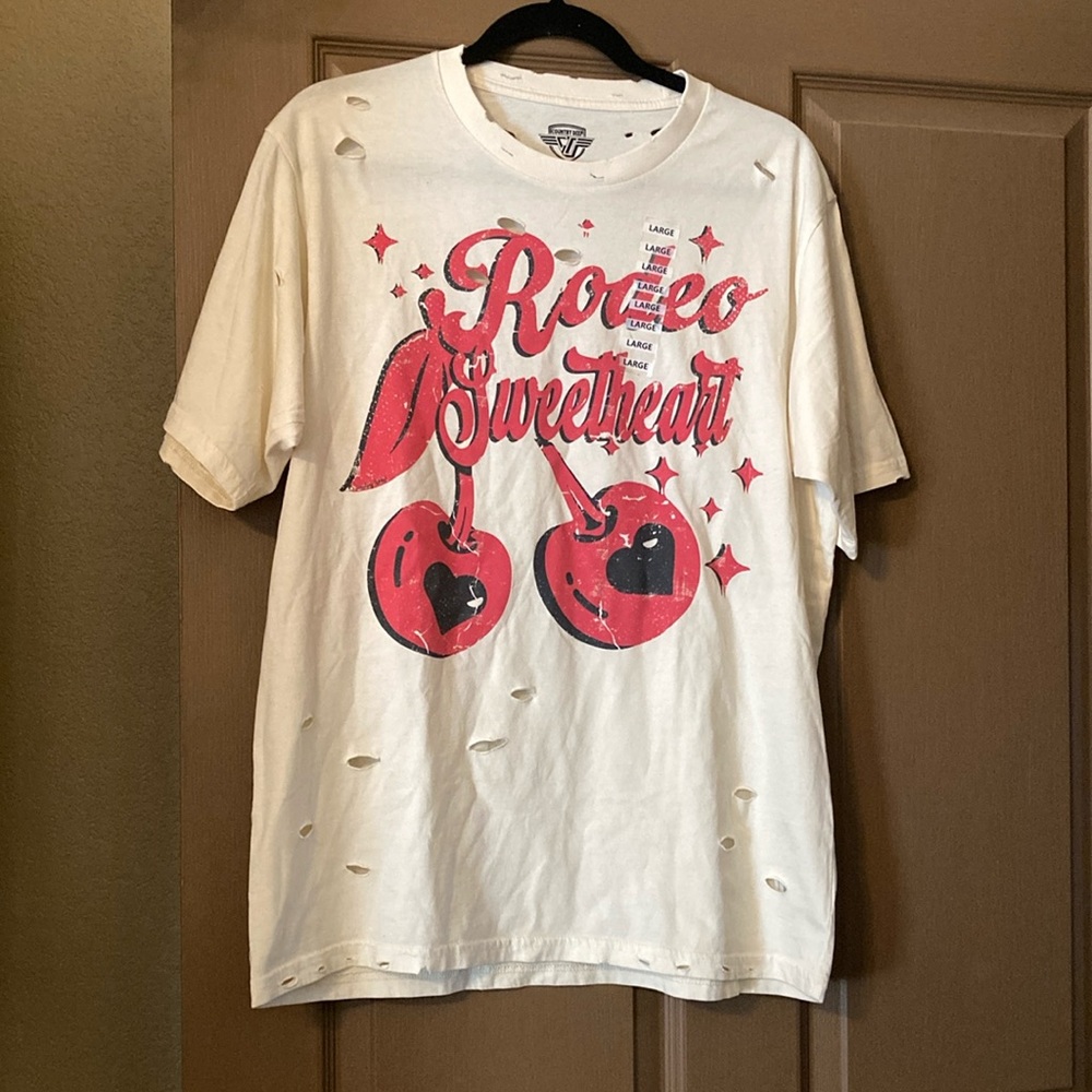 COUNTRY DEEP Rodeo Sweetheart Cherry 🍒 Distressed/Vintage Style T-Shirt NWT